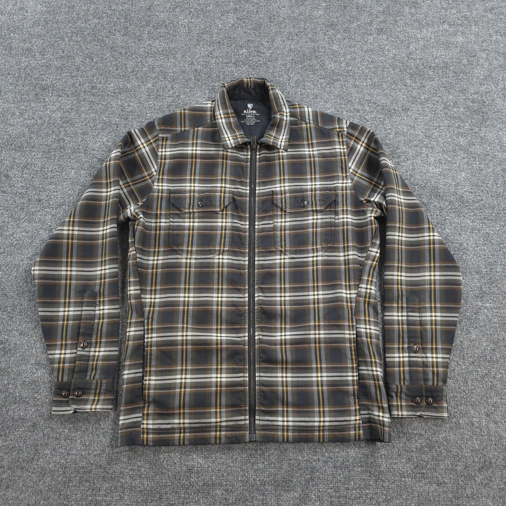 Kuhl Jacket Mens Small Gray Plaid Flannel Lined Full Zip Shacket Hiking Outdoors